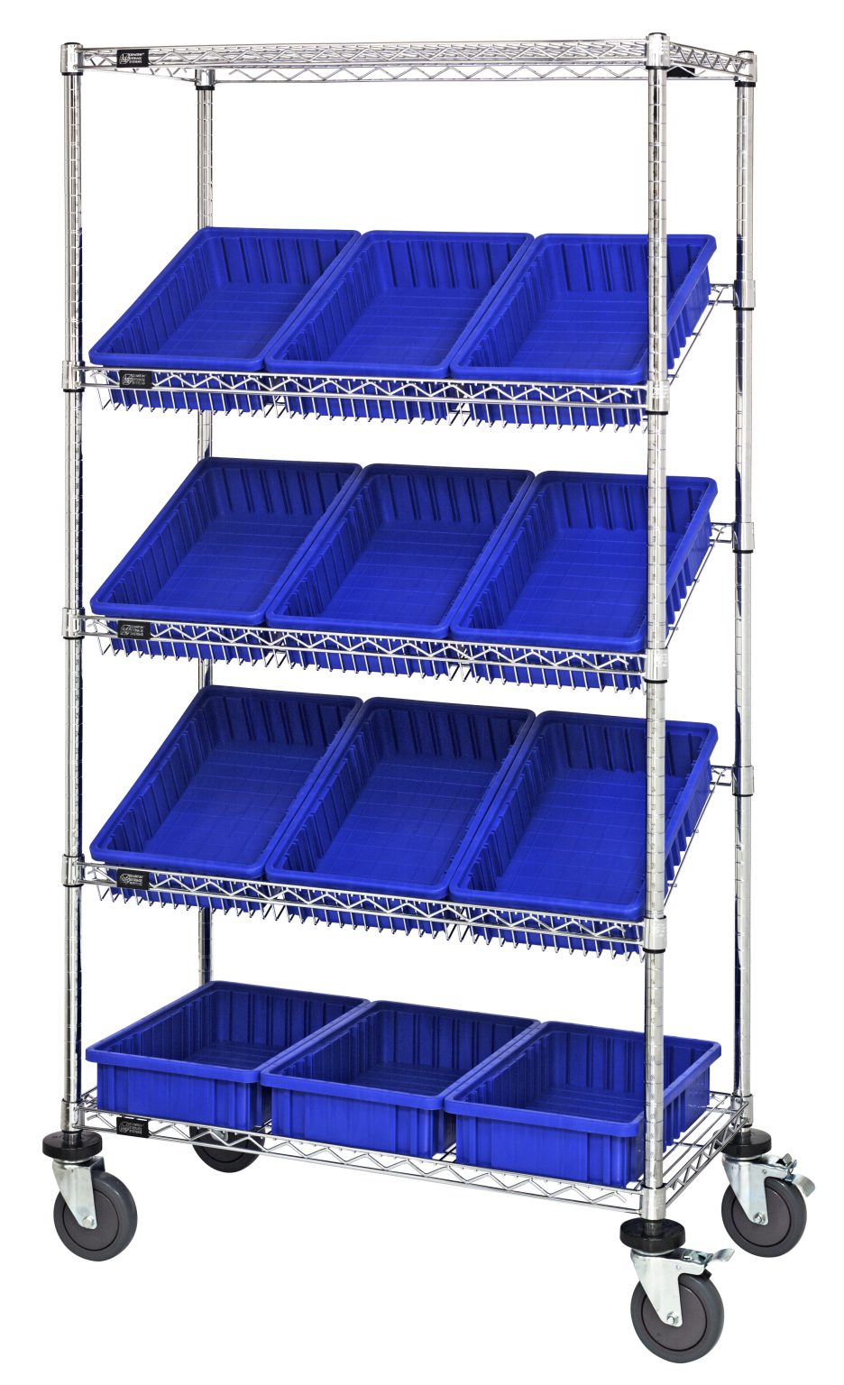 Mobile chrome wire bin shelving unit on casters loaded with blue dividable grid containers