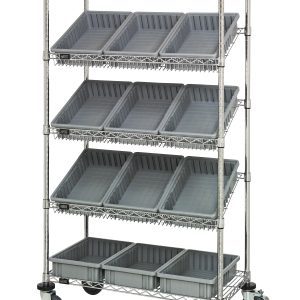 The Quantum Bin Systems Unit, measuring 36L x 18W x 69H, includes four posts, two flat wire shelves, three slanted wire shelves, and twelve uniform gray plastic bins. Its mobile with four swivel polyurethane casters (two with brakes) for versatile storage organization.