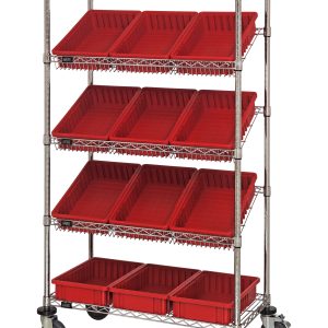 The Quantum Bin Systems Mobile Unit, measuring 36L x 18W x 69H, features four posts, two flat wire shelves, three slanted wire shelves, twelve red bins (16-1/2L x 10-7/8W x 3-1/2H), and four swivel casters (two with brakes) in a chrome finish for easy organization and transport.