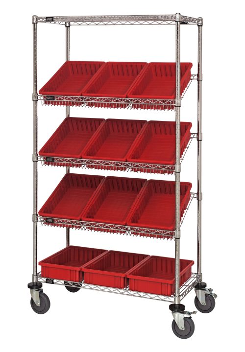 The Quantum Bin Systems Mobile Unit, measuring 36L x 18W x 69H, features four posts, two flat wire shelves, three slanted wire shelves, twelve red bins (16-1/2L x 10-7/8W x 3-1/2H), and four swivel casters (two with brakes) in a chrome finish for easy organization and transport.