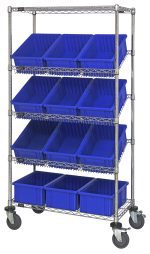 The Quantum Bin Systems Unit is a 36L x 18W x 69H mobile shelving unit with four posts and a chrome-plated finish. It includes two flat and three slanted wire shelves, twelve blue bins, and four swivel casters, making it ideal for dry storage applications.