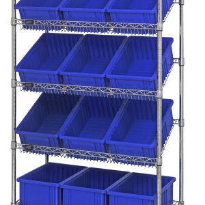 The Quantum Bin Systems Unit is a 36L x 18W x 69H mobile shelving unit with four posts and a chrome-plated finish. It includes two flat and three slanted wire shelves, twelve blue bins, and four swivel casters, making it ideal for dry storage applications.