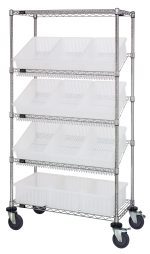 The Quantum Bin Systems Unit, a metal storage rack measuring 36W x 18D x 63H, features two flat wire and three slanted wire shelves. It includes twelve clear bins per shelf and rests on four swivel casters. The chrome-plated unit stands against a plain white background.