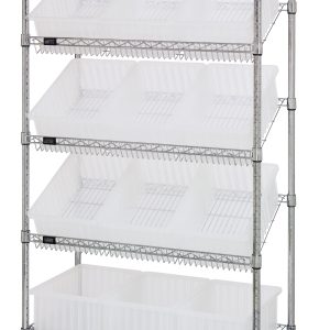 The Quantum Bin Systems Unit, a metal storage rack measuring 36W x 18D x 63H, features two flat wire and three slanted wire shelves. It includes twelve clear bins per shelf and rests on four swivel casters. The chrome-plated unit stands against a plain white background.
