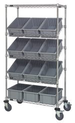 The Quantum Bin Systems Unit is a mobile, chrome-plated storage solution with 36L x 18W x 69H dimensions. It includes (4) posts, two flat and three slanted wire shelves, twelve gray bins (16-1/2L x 10-7/8W x 6H), and four swivel casters for easy transport. Ideal for dry storage applications.