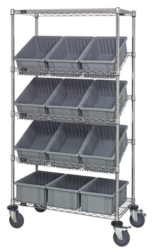 The Quantum Bin Systems Unit is a mobile, chrome-plated storage solution with 36L x 18W x 69H dimensions. It includes (4) posts, two flat and three slanted wire shelves, twelve gray bins (16-1/2L x 10-7/8W x 6H), and four swivel casters for easy transport. Ideal for dry storage applications.