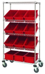 The Quantum Bin Systems Unit, measuring 36L x 18W x 69H, includes (4) posts, (2) flat wire shelves, (3) slanted wire shelves, and (12) red bins. It features (4) swivel casters (2 with brakes), ideal for efficient mobility and organization in dry storage applications.