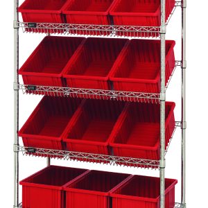 The Quantum Bin Systems Unit, measuring 36L x 18W x 69H, includes (4) posts, (2) flat wire shelves, (3) slanted wire shelves, and (12) red bins. It features (4) swivel casters (2 with brakes), ideal for efficient mobility and organization in dry storage applications.