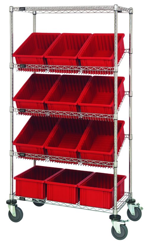 The Quantum Bin Systems Unit, measuring 36L x 18W x 69H, includes (4) posts, (2) flat wire shelves, (3) slanted wire shelves, and (12) red bins. It features (4) swivel casters (2 with brakes), ideal for efficient mobility and organization in dry storage applications.
