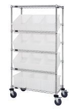 The Quantum Bin Systems Unit features a chrome-plated metal frame with (2) flat and (3) slanted wire shelves, along with 12 clear bins. Its designed for easy mobility with four 5 swivel casters, two of which have brakes, allowing versatile organization across five tiers.