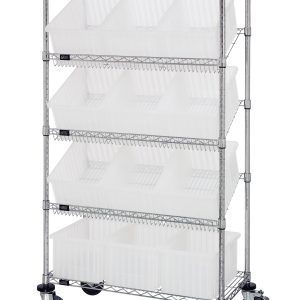 The Quantum Bin Systems Unit features a chrome-plated metal frame with (2) flat and (3) slanted wire shelves, along with 12 clear bins. Its designed for easy mobility with four 5 swivel casters, two of which have brakes, allowing versatile organization across five tiers.
