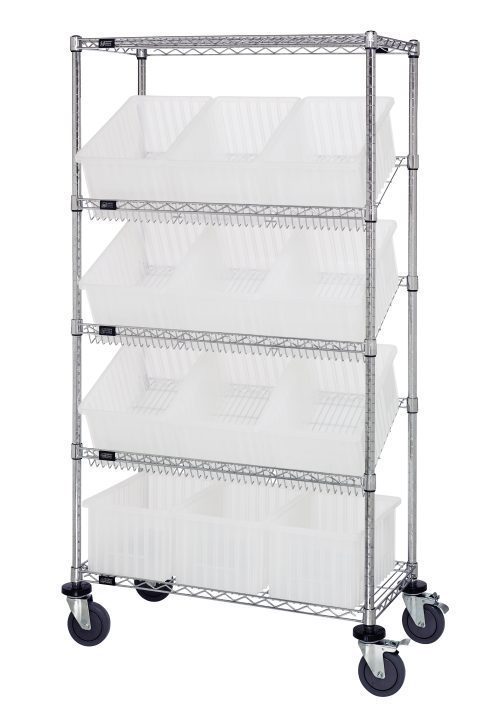MWRS-5 DG92080 Clear The Quantum Bin Systems Unit features a chrome-plated metal frame with (2) flat and (3) slanted wire shelves, along with 12 clear bins. Its designed for easy mobility with four 5 swivel casters, two of which have brakes, allowing versatile organization across five tiers.
