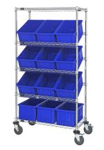 The Quantum Bin Systems Unit measures 36L x 18W x 69H and includes four posts, two flat wire shelves, three slanted wire shelves, twelve blue bins (16-1/2L x 10-7/8W x 8H), and four swivel casters. It features a chrome-plated finish for dry storage applications.