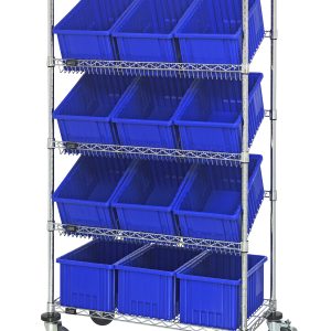 The Quantum Bin Systems Unit measures 36L x 18W x 69H and includes four posts, two flat wire shelves, three slanted wire shelves, twelve blue bins (16-1/2L x 10-7/8W x 8H), and four swivel casters. It features a chrome-plated finish for dry storage applications.