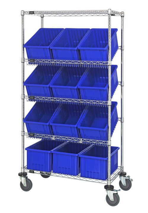 The Quantum Bin Systems Unit measures 36L x 18W x 69H and includes four posts, two flat wire shelves, three slanted wire shelves, twelve blue bins (16-1/2L x 10-7/8W x 8H), and four swivel casters. It features a chrome-plated finish for dry storage applications.