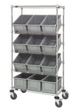 The Quantum Bin Systems Mobile Unit, measuring 36L x 18W x 69H, includes four posts, two flat wire shelves, three slanted wire shelves, and twelve gray bins (16-1/2L x 10-7/8W x 8H). It features chrome plating, polyurethane casters for mobility (two with brakes), and is suitable for dry storage.
