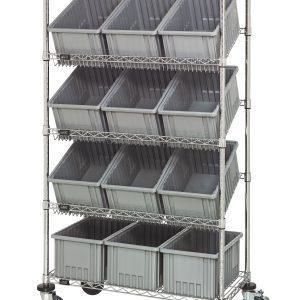 The Quantum Bin Systems Mobile Unit, measuring 36L x 18W x 69H, includes four posts, two flat wire shelves, three slanted wire shelves, and twelve gray bins (16-1/2L x 10-7/8W x 8H). It features chrome plating, polyurethane casters for mobility (two with brakes), and is suitable for dry storage.