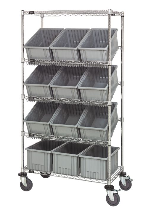 The Quantum Bin Systems Mobile Unit, measuring 36L x 18W x 69H, includes four posts, two flat wire shelves, three slanted wire shelves, and twelve gray bins (16-1/2L x 10-7/8W x 8H). It features chrome plating, polyurethane casters for mobility (two with brakes), and is suitable for dry storage.