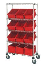The Quantum Bin Systems Unit features a mobile 36L x 18W x 69H design with (2) flat and (3) slanted wire shelves, supported by (4) posts. It includes (12) red bins, each 16-1/2L x 10-7/8W x 8H, and rides on (4) swivel casters for easy movement. Suitable for dry storage applications.