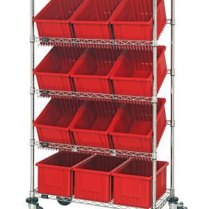 The Quantum Bin Systems Unit features a mobile 36L x 18W x 69H design with (2) flat and (3) slanted wire shelves, supported by (4) posts. It includes (12) red bins, each 16-1/2L x 10-7/8W x 8H, and rides on (4) swivel casters for easy movement. Suitable for dry storage applications.
