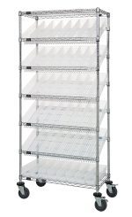 The Quantum Bin Systems Unit, measuring 36W x 18D x 74H, features (5) slanted wire shelves with (48) clear bins and (2) flat wire shelves. Its mobile on 5 swivel casters for versatile storage.