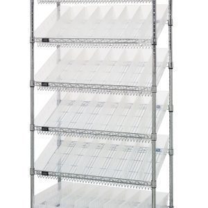 The Quantum Bin Systems Unit, measuring 36W x 18D x 74H, features (5) slanted wire shelves with (48) clear bins and (2) flat wire shelves. Its mobile on 5 swivel casters for versatile storage.