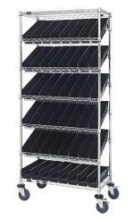 The Quantum Bin Systems Mobile Unit measures 36L x 18W x 80H and features seven wire shelves, including five slanted ones with 48 black bins (QSB103). It includes four posts, swivel casters for easy mobility, and a chrome plated finish. Suitable for dry storage; shipped KD.