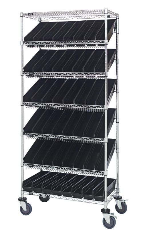 The Quantum Bin Systems Mobile Unit measures 36L x 18W x 80H and features seven wire shelves, including five slanted ones with 48 black bins (QSB103). It includes four posts, swivel casters for easy mobility, and a chrome plated finish. Suitable for dry storage; shipped KD.