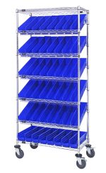 The Quantum Bin Systems Unit measures 36L x 18W x 80H and includes 4 posts, 2 flat wire shelves, and 5 slanted wire shelves. It comes with 48 blue bins and is mobile with four swivel casters (two with brakes) for easy movement. Ideal for dry storage applications, the unit has a chrome plated finish.