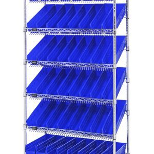 The Quantum Bin Systems Unit measures 36L x 18W x 80H and includes 4 posts, 2 flat wire shelves, and 5 slanted wire shelves. It comes with 48 blue bins and is mobile with four swivel casters (two with brakes) for easy movement. Ideal for dry storage applications, the unit has a chrome plated finish.