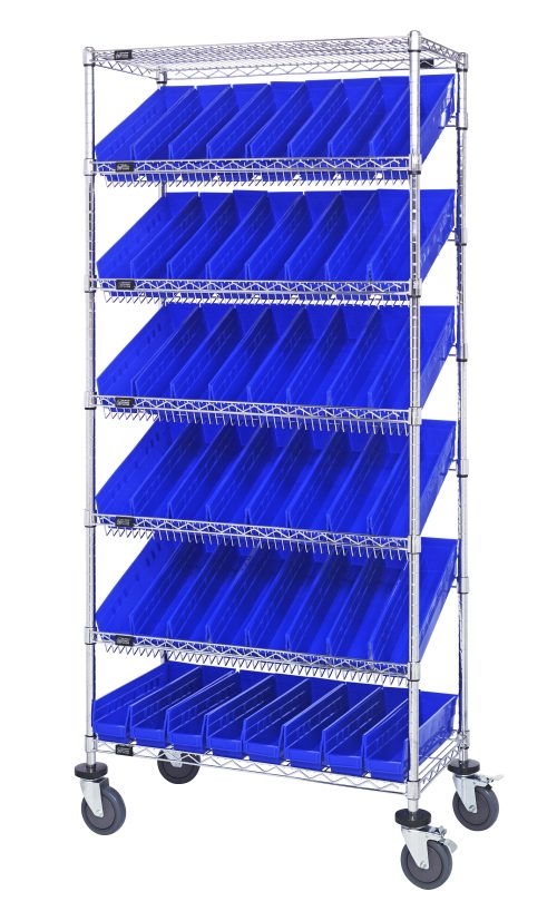 The Quantum Bin Systems Unit measures 36L x 18W x 80H and includes 4 posts, 2 flat wire shelves, and 5 slanted wire shelves. It comes with 48 blue bins and is mobile with four swivel casters (two with brakes) for easy movement. Ideal for dry storage applications, the unit has a chrome plated finish.