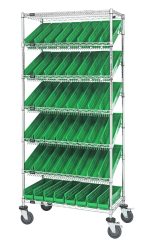 The Quantum Bin Systems Unit features a mobile chrome-plated structure with 4 posts, 2 flat wire shelves, and 5 slanted shelves. It includes 48 green bins and is equipped with 4 swivel polyurethane casters (2 with brakes), making it ideal for organized dry storage.