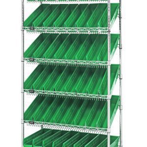 The Quantum Bin Systems Unit features a mobile chrome-plated structure with 4 posts, 2 flat wire shelves, and 5 slanted shelves. It includes 48 green bins and is equipped with 4 swivel polyurethane casters (2 with brakes), making it ideal for organized dry storage.