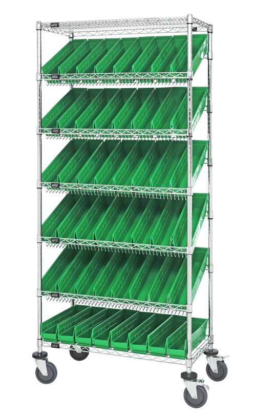 The Quantum Bin Systems Unit features a mobile chrome-plated structure with 4 posts, 2 flat wire shelves, and 5 slanted shelves. It includes 48 green bins and is equipped with 4 swivel polyurethane casters (2 with brakes), making it ideal for organized dry storage.