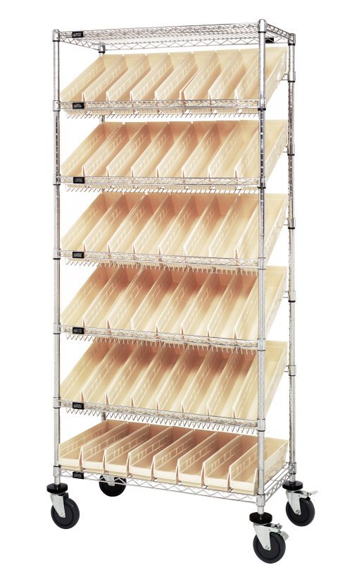 The Quantum Bin Systems Unit, measuring 36L x 18W x 80H, features (5) slanted and (2) flat wire shelves, (48) ivory Qsb103 bins, and rolls smoothly on caster wheels. It includes (4) posts for robust support and boasts a chrome-plated finish for dry storage applications.