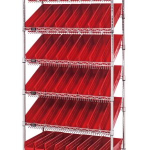 The Quantum Bin Systems Unit is a mobile shelving unit measuring 36L x 18W x 80H, with four posts, two flat wire shelves, five slanted wire shelves, and 48 angled red bins (QSB103). It includes four 5 swivel casters for easy mobility and is ideal for dry storage.
