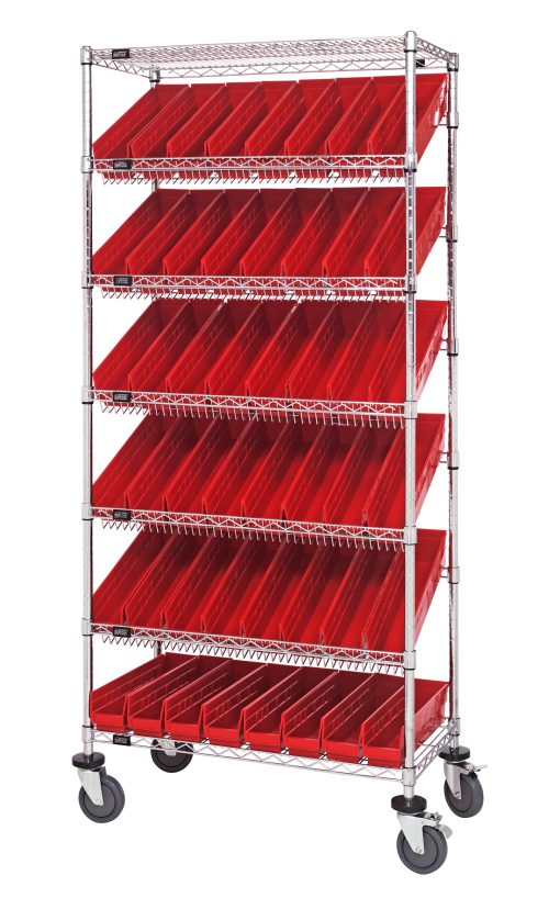 The Quantum Bin Systems Unit is a mobile shelving unit measuring 36L x 18W x 80H, with four posts, two flat wire shelves, five slanted wire shelves, and 48 angled red bins (QSB103). It includes four 5 swivel casters for easy mobility and is ideal for dry storage.