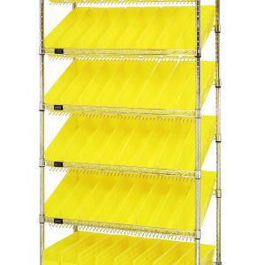 The Quantum Bin Systems Unit is a 36L x 18W x 80H mobile metal rack with a chrome finish, featuring (5) slanted and (2) flat wire shelves. It includes (4) posts, (48) yellow bins (QSB103), and rolls on (4) 5 swivel polyurethane casters for easy movement. Suitable for dry storage applications.