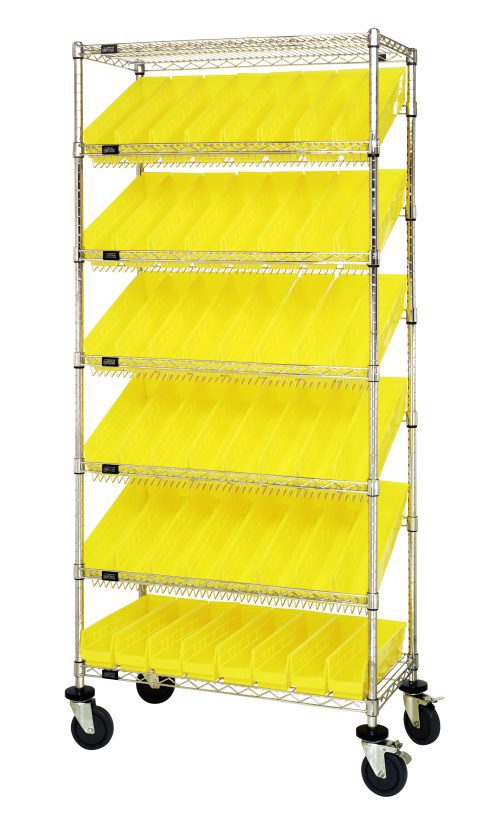 The Quantum Bin Systems Unit is a 36L x 18W x 80H mobile metal rack with a chrome finish, featuring (5) slanted and (2) flat wire shelves. It includes (4) posts, (48) yellow bins (QSB103), and rolls on (4) 5 swivel polyurethane casters for easy movement. Suitable for dry storage applications.