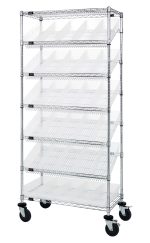 The Quantum Bin Systems Unit, measuring 36W x 18D x 74H, includes two flat and five slanted wire shelves. It has a chrome-plated finish and sits on four 5 swivel polyurethane casters for easy mobility. With its versatile design, this unit offers efficient storage using clear bins and flat wire shelving.
