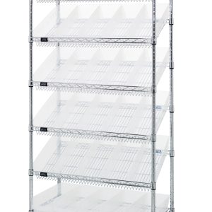 The Quantum Bin Systems Unit, measuring 36W x 18D x 74H, includes two flat and five slanted wire shelves. It has a chrome-plated finish and sits on four 5 swivel polyurethane casters for easy mobility. With its versatile design, this unit offers efficient storage using clear bins and flat wire shelving.
