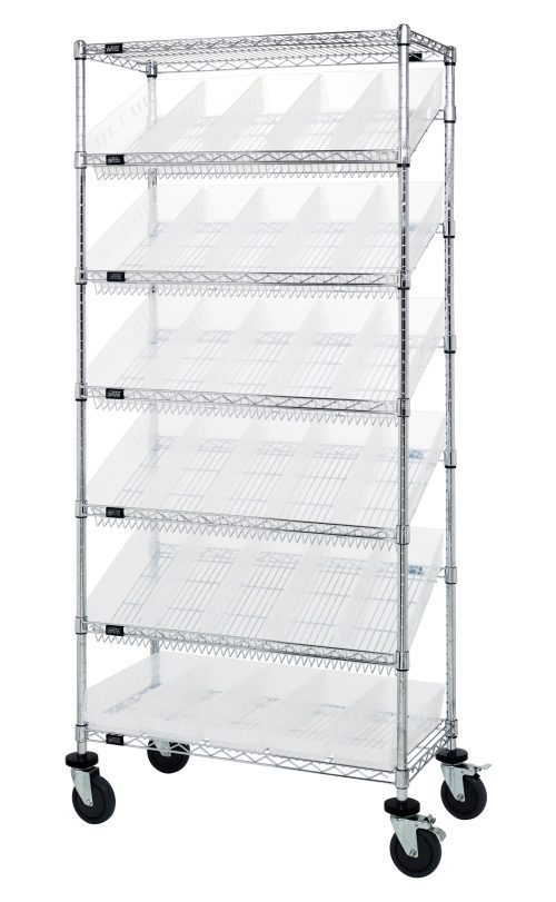 MWRS-7 104 clear The Quantum Bin Systems Unit, measuring 36W x 18D x 74H, includes two flat and five slanted wire shelves. It has a chrome-plated finish and sits on four 5 swivel polyurethane casters for easy mobility. With its versatile design, this unit offers efficient storage using clear bins and flat wire shelving.