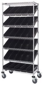 The Quantum Bin Systems Unit is a 36L x 18W x 80H mobile shelving unit featuring (4) posts, (2) flat and (5) slanted wire shelves with 30 black bins, and equipped with (4) swivel casters. Its chrome-plated finish makes it ideal for dry storage applications.