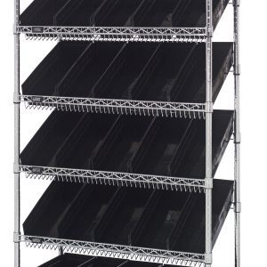 The Quantum Bin Systems Unit is a 36L x 18W x 80H mobile shelving unit featuring (4) posts, (2) flat and (5) slanted wire shelves with 30 black bins, and equipped with (4) swivel casters. Its chrome-plated finish makes it ideal for dry storage applications.