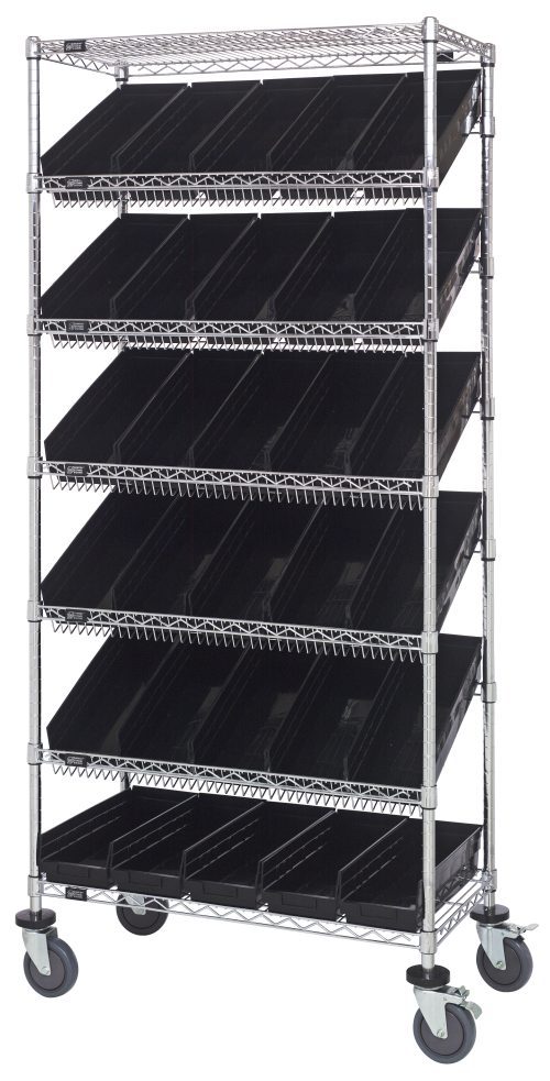 The Quantum Bin Systems Unit is a 36L x 18W x 80H mobile shelving unit featuring (4) posts, (2) flat and (5) slanted wire shelves with 30 black bins, and equipped with (4) swivel casters. Its chrome-plated finish makes it ideal for dry storage applications.