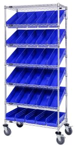 The Quantum Bin Systems Unit is mobile, measuring 36L x 18W x 80H, and features (4) posts, (2) flat wire shelves, (5) slanted wire shelves, and (30) blue bins. It includes (4) swivel polyurethane casters for easy mobility and a chrome-plated finish suitable for dry storage applications.