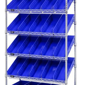 The Quantum Bin Systems Unit is mobile, measuring 36L x 18W x 80H, and features (4) posts, (2) flat wire shelves, (5) slanted wire shelves, and (30) blue bins. It includes (4) swivel polyurethane casters for easy mobility and a chrome-plated finish suitable for dry storage applications.