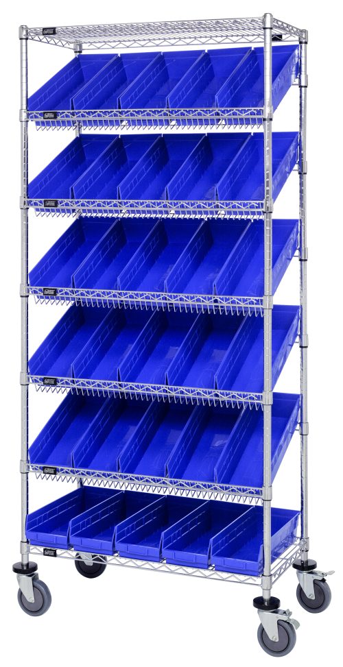 The Quantum Bin Systems Unit is mobile, measuring 36L x 18W x 80H, and features (4) posts, (2) flat wire shelves, (5) slanted wire shelves, and (30) blue bins. It includes (4) swivel polyurethane casters for easy mobility and a chrome-plated finish suitable for dry storage applications.