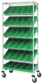 The Quantum Bin Systems Unit is a mobile structure with a chrome finish, featuring two flat wire shelves, five slanted wire shelves, and 30 green QSB104 bins. It measures 36L x 18W x 80H and includes four posts and four 5 swivel casters (two with brakes) for easy mobility. Suitable for dry storage.
