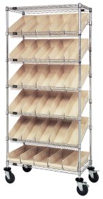 The Quantum Bin Systems Unit, 36L x 18W x 80H, features five rows of slanted wire shelves with ivory bins for easy access. It includes four posts, two flat wire shelves, and four swivel casters (two with brakes) for mobility. Chrome plated and ideal for dry storage applications.